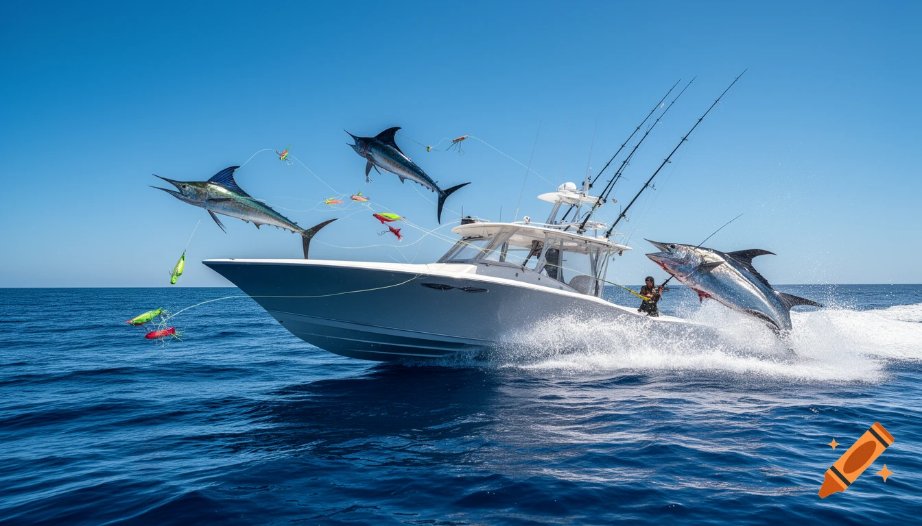 A sportfishing boat speeds across the ocean, with multiple marlin and sailfish leaping from the water after colorful lures under a clear blue sky. A fisherman reels in a large fish from the stern.