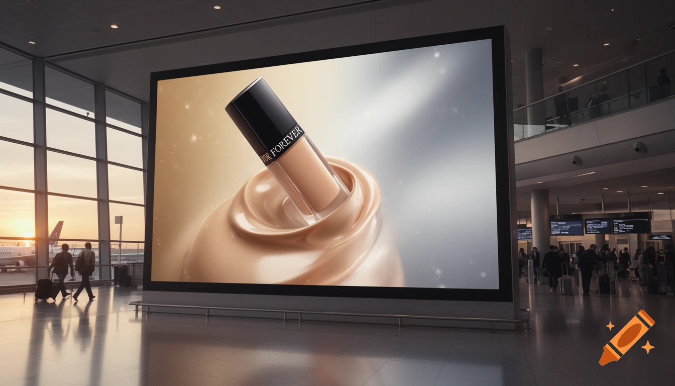 Large digital billboard in an airport terminal showing a Dior Forever foundation bottle in beige liquid, with passengers walking past.
