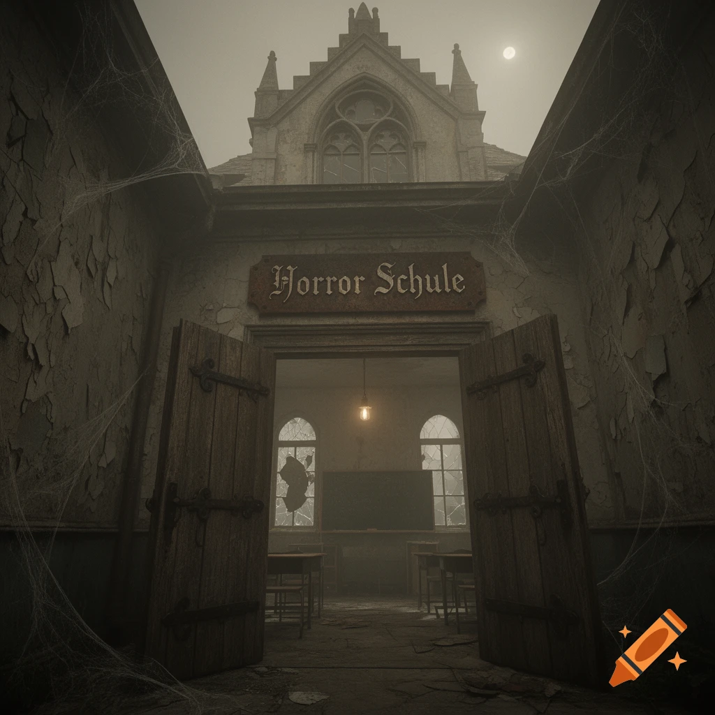 An eerie, abandoned gothic school building with 'Horror Schule' on a sign above open doors leading to a broken classroom.