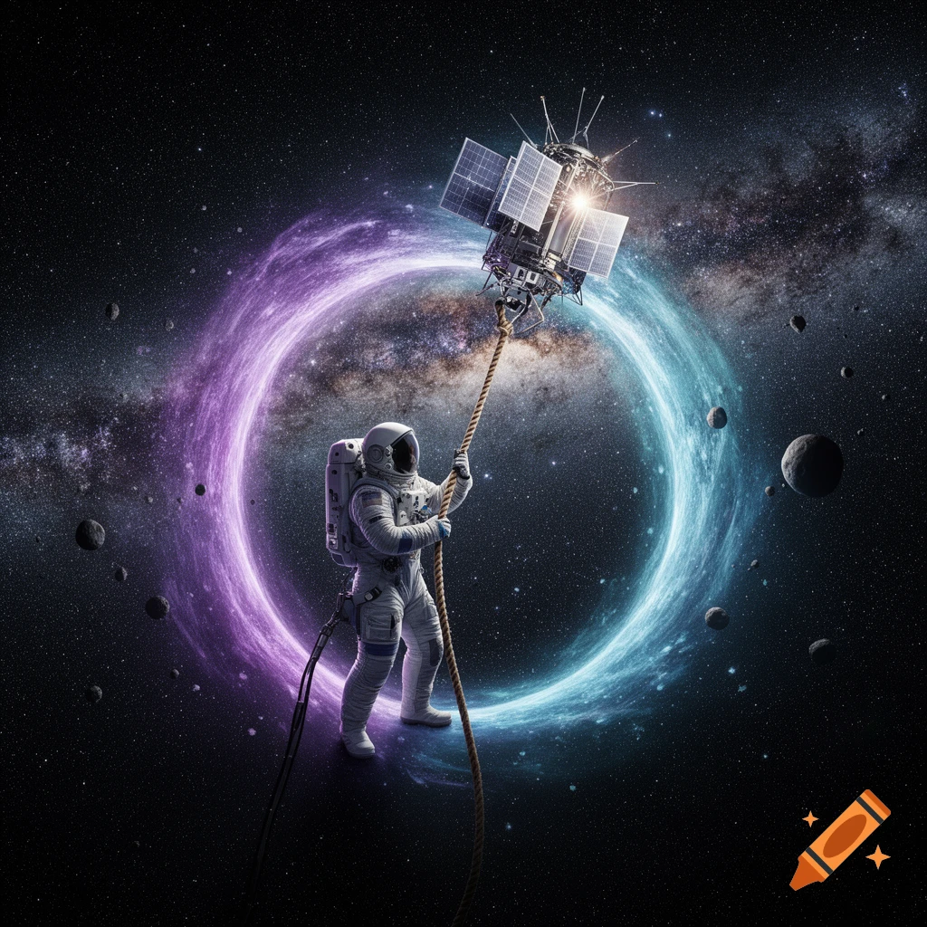 An astronaut pulls a space satellite with a rope through a glowing purple and blue cosmic portal in deep space, surrounded by asteroids.