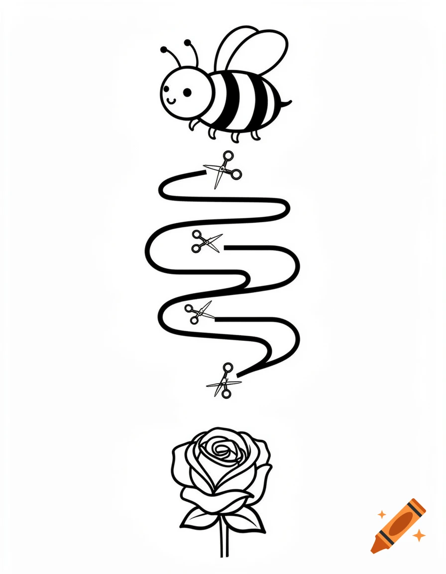 A black and white coloring page showing a cute cartoon bee at the top, a zigzag cutting path with scissors icons in the middle, and a rose at the bottom.