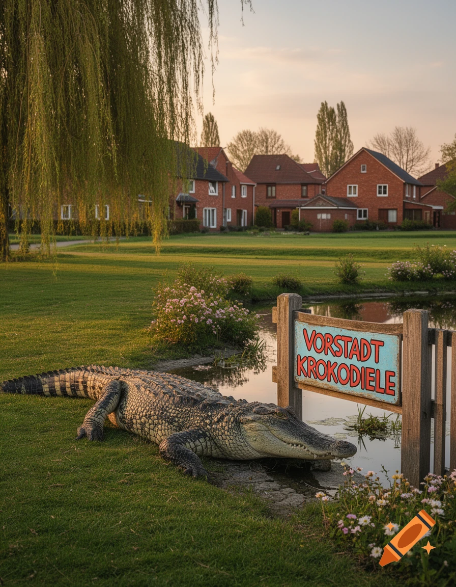 A large crocodile rests on green grass next to a pond with a sign reading "VORSTADT KROKODIELE" and houses in the background at sunset.