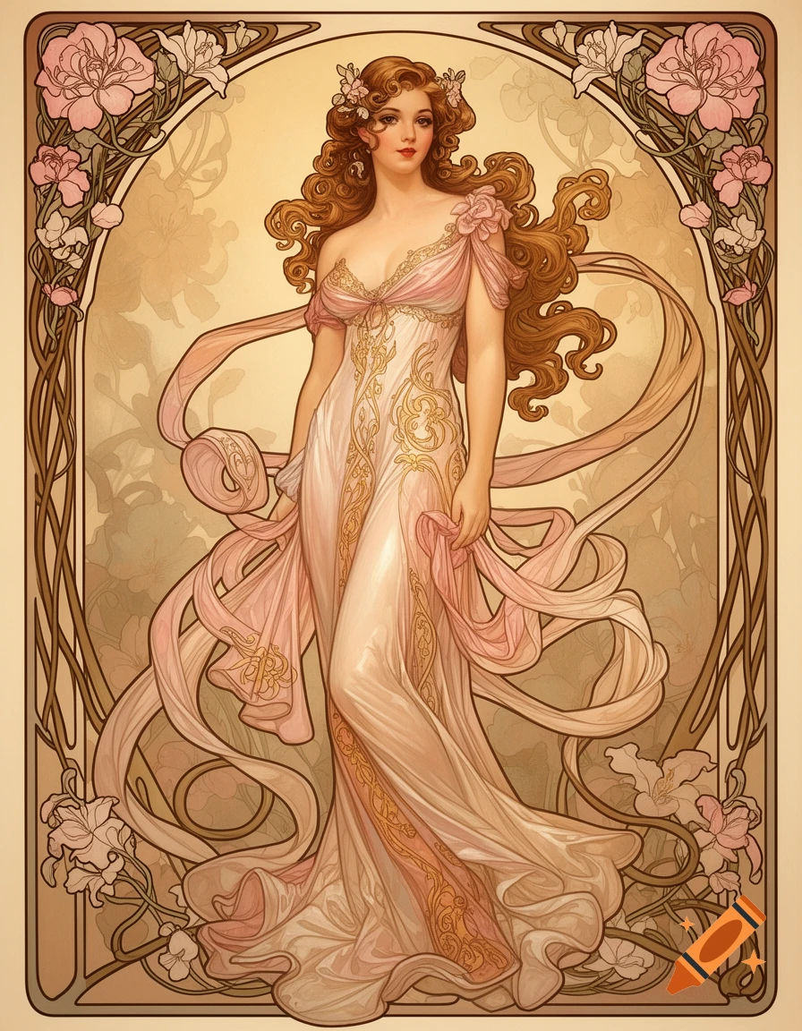 An Art Nouveau illustration of a woman with long wavy hair in a flowing pink and gold dress, surrounded by floral borders.