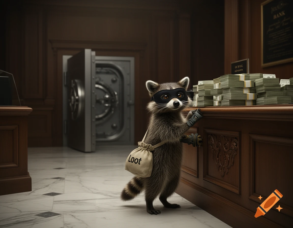 A masked raccoon holding a 'LOOT' bag leans on a bank counter next to stacks of cash, with an open vault in the background, photorealistic style.