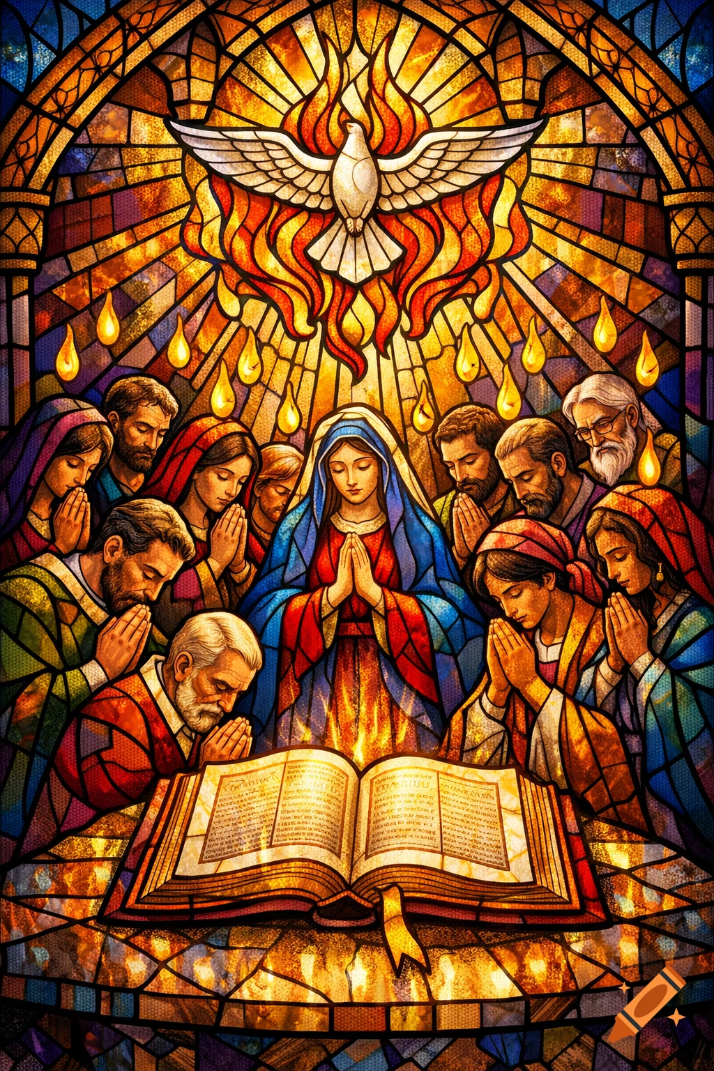 Stained glass art depicts Mary and a diverse group of people praying ...