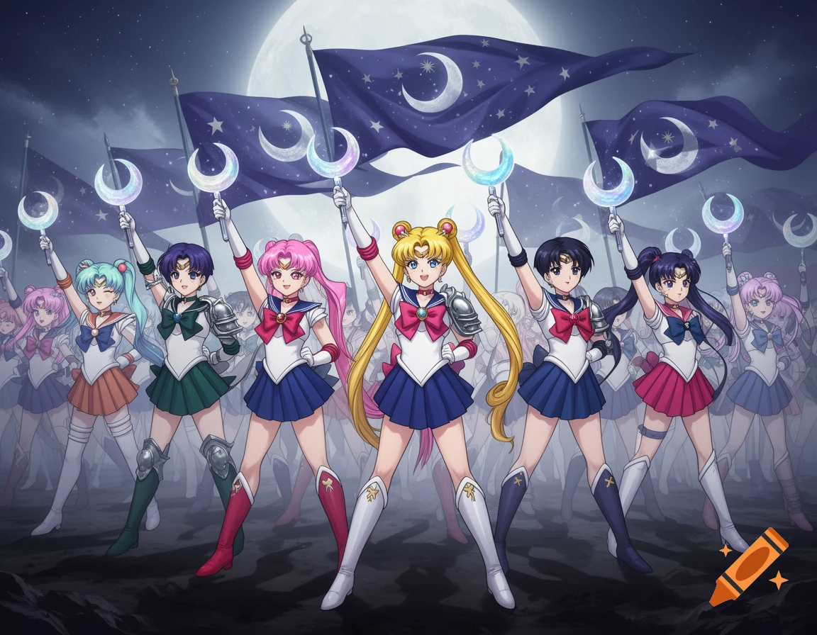 An army of Sailor Moon characters, led by six main guardians, stand under a full moon with crescent moon flags and scepters.