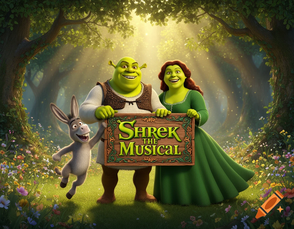 Shrek, Fiona, and Donkey stand in a sun-dappled forest, holding a sign that reads "Shrek The Musical".