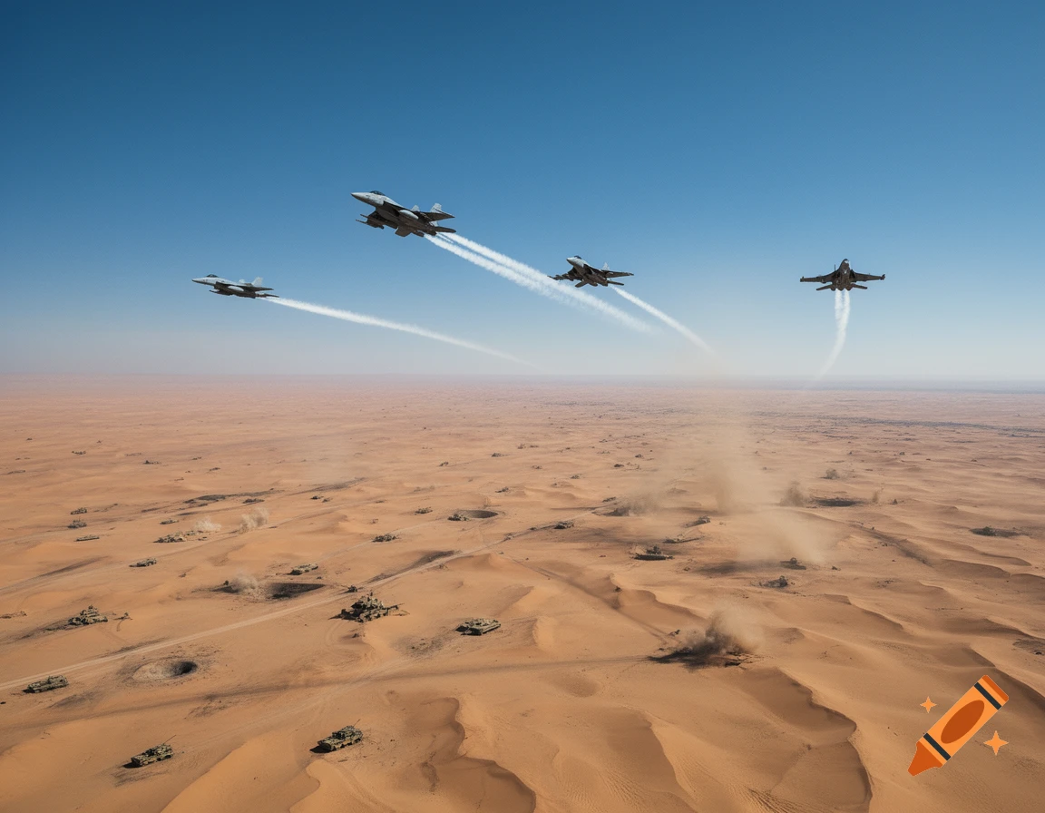 Four fighter jets fly over a vast desert filled with tanks, stirring up dust, under a clear blue sky.