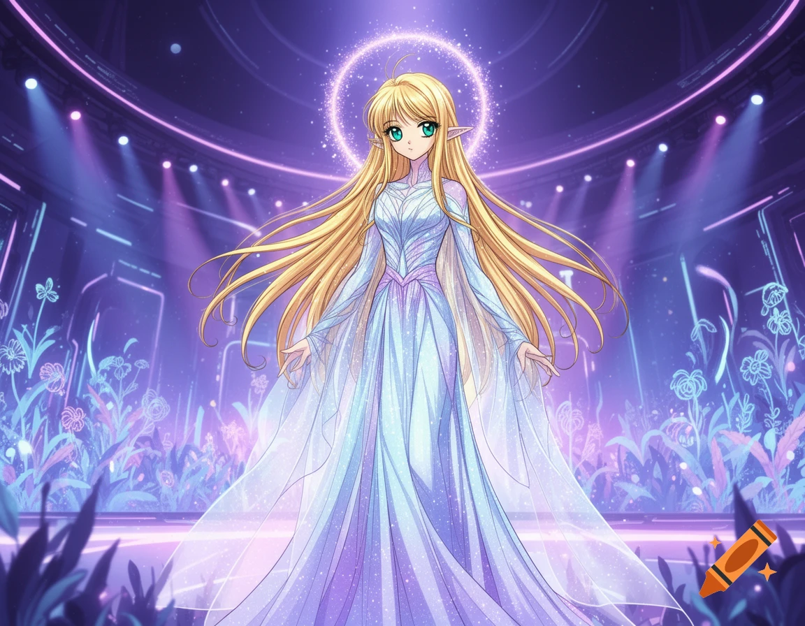 Anime elf girl with long blonde hair in a flowing white gown with a ...