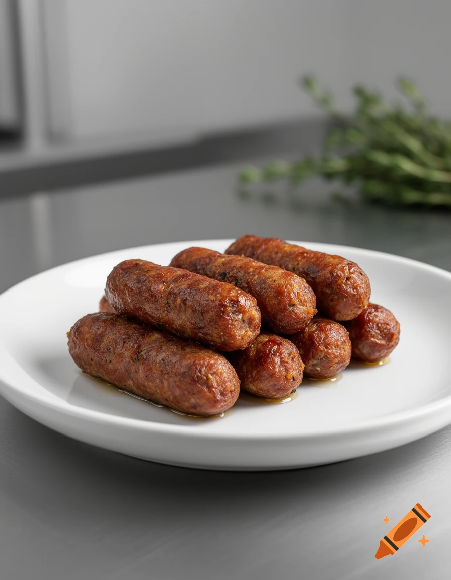 A white plate holds a pile of cooked, browned sausages with visible herbs, set on a gray counter.