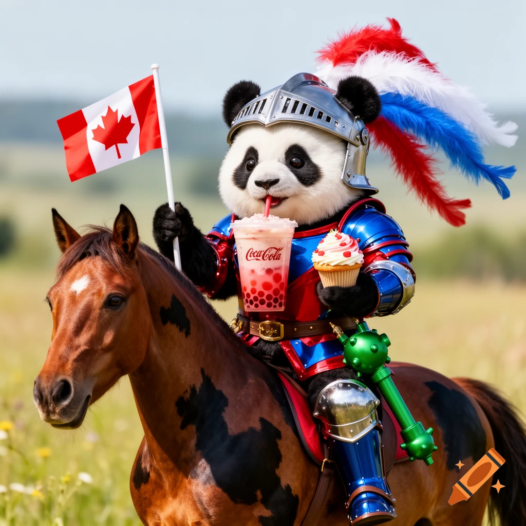 A cute panda knight on a brown horse, holding a Canadian flag, Coca-Cola bubble tea, and a cupcake, in a sunny field.