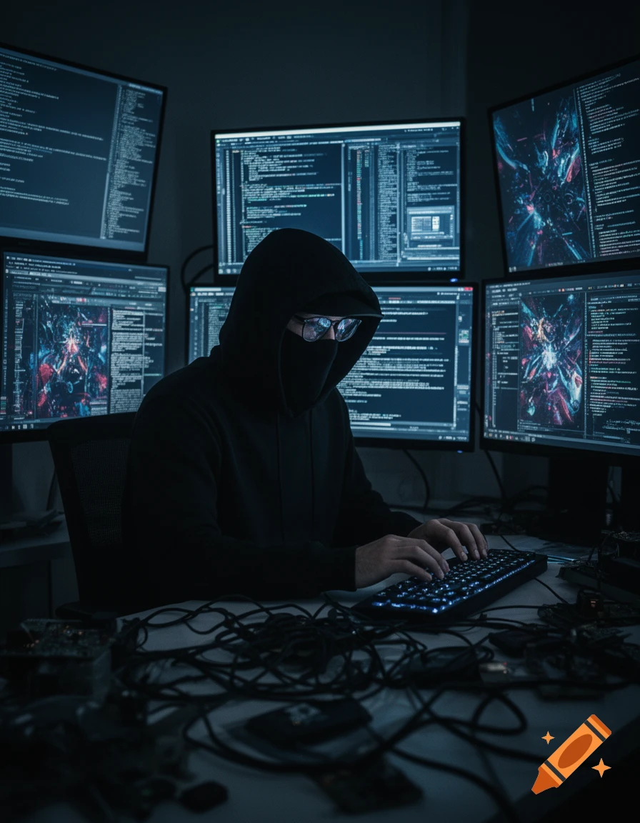 A hooded figure in glasses and a mask types on a glowing keyboard, surrounded by multiple computer monitors displaying code in a dark room.