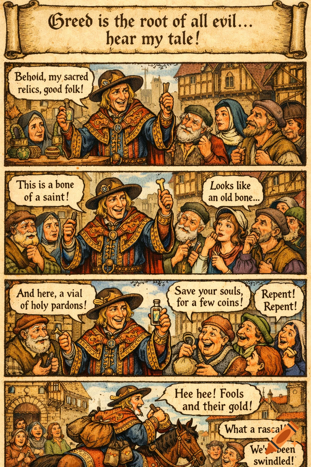 Comic Medieval Deviantart Multi-panel medieval comic depicting a pardoner selling fake relics and ...