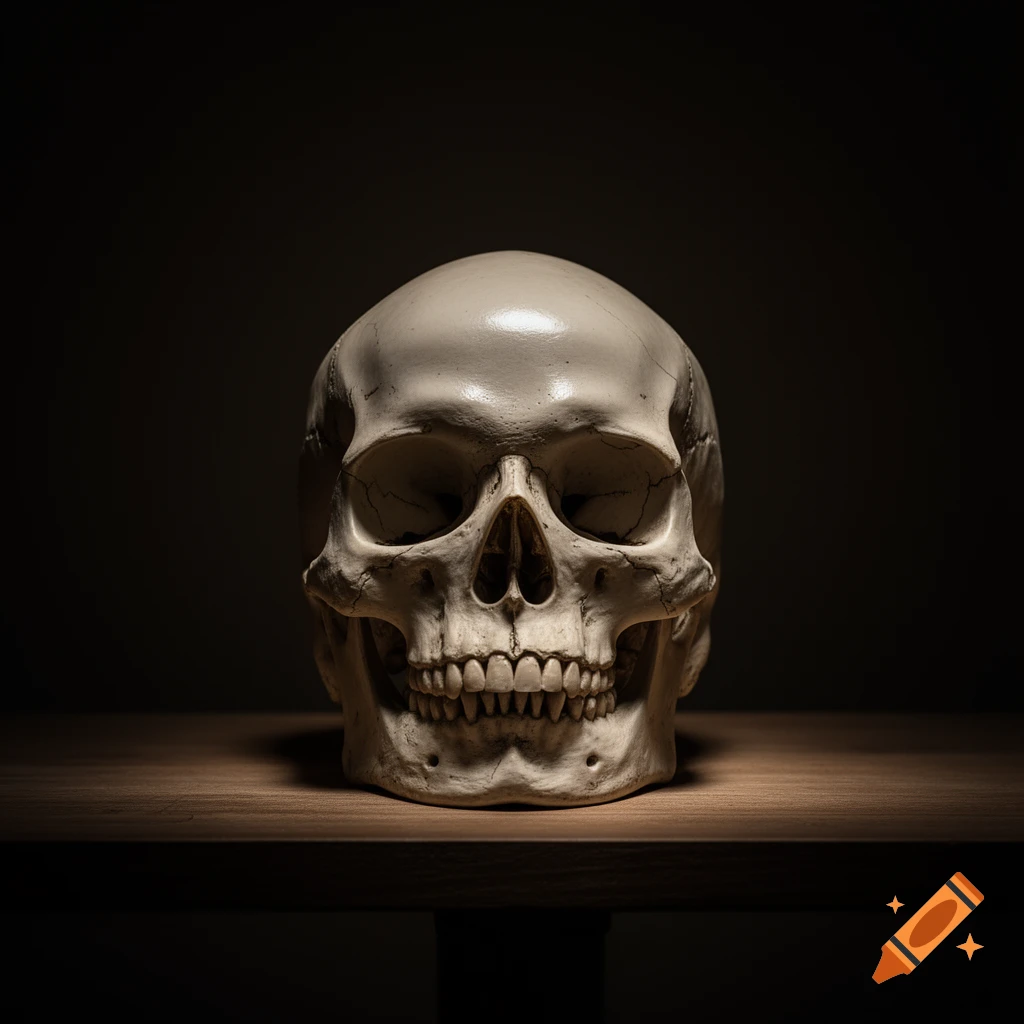 A photorealistic human skull resting on a wooden surface, dramatically lit against a dark background.
