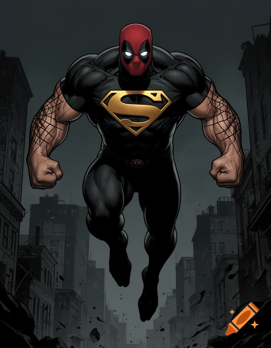 Muscular superhero with a Deadpool mask and Superman S logo in a black suit, leaping over a dark city in comic book art style.