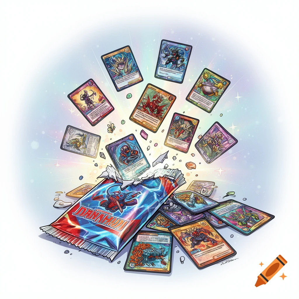 A vibrant cartoon illustration of a ripped-open trading card pack with colorful monster cards flying out.