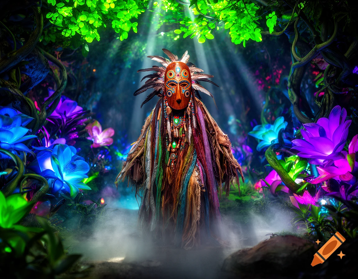 A masked shaman figure stands in a vibrant, misty psychedelic garden with glowing blue and purple flowers and bright green foliage.