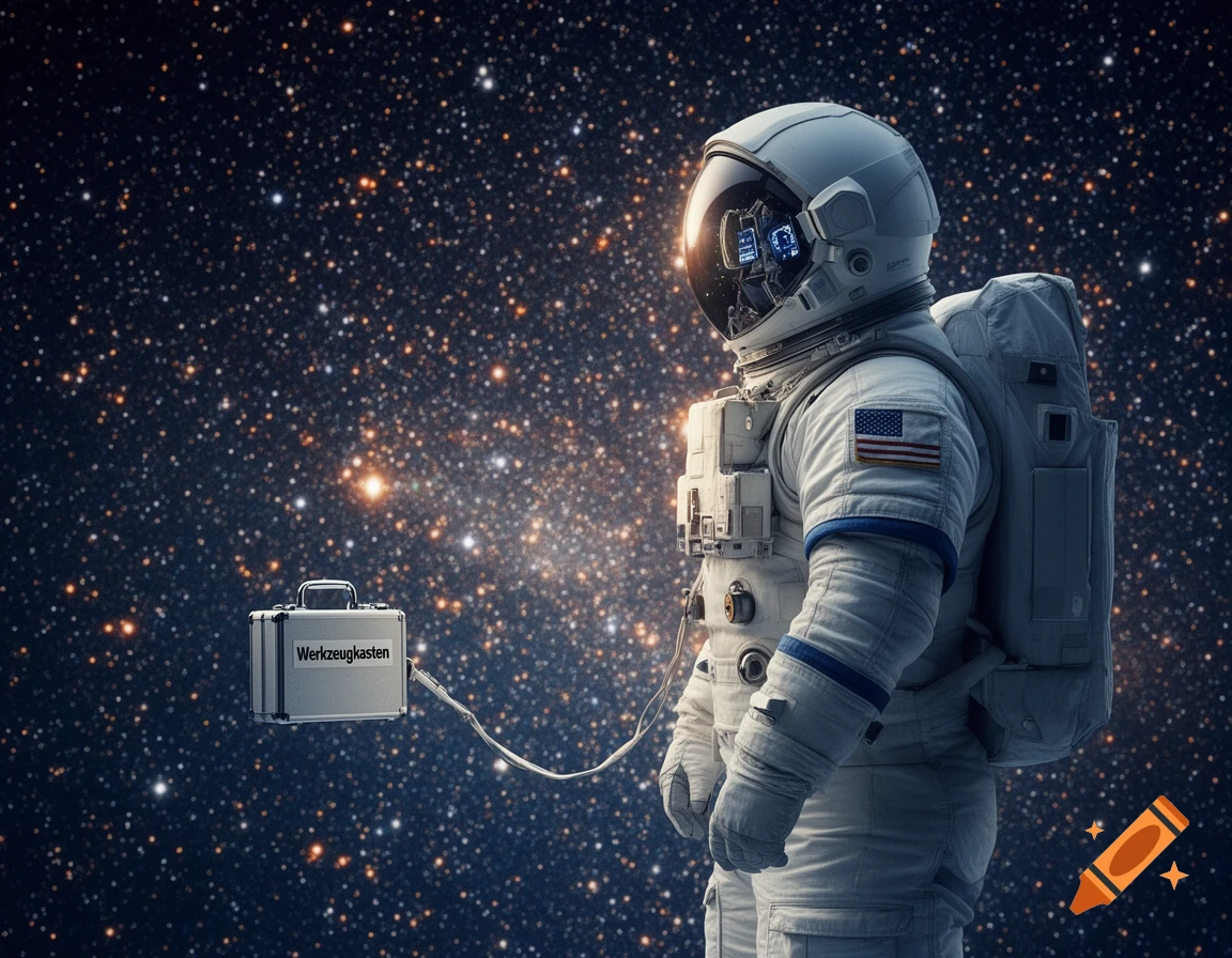 An astronaut in a white suit floats in space, tethered to a silver toolbox labeled "Werkzeugkasten", against a backdrop of countless stars.