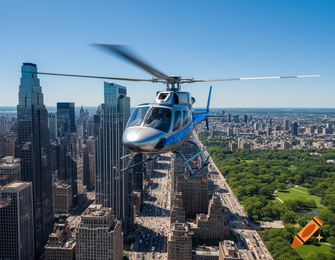 A silver and blue helicopter flies over a sprawling city skyline with tall buildings and a large green park under a clear blue sky.