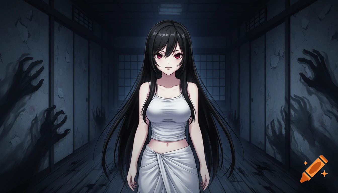 Anime-style onryo with long black hair and red eyes in a white tank top and sarong, standing in a dark Japanese hallway with shadow hands emerging from the walls.