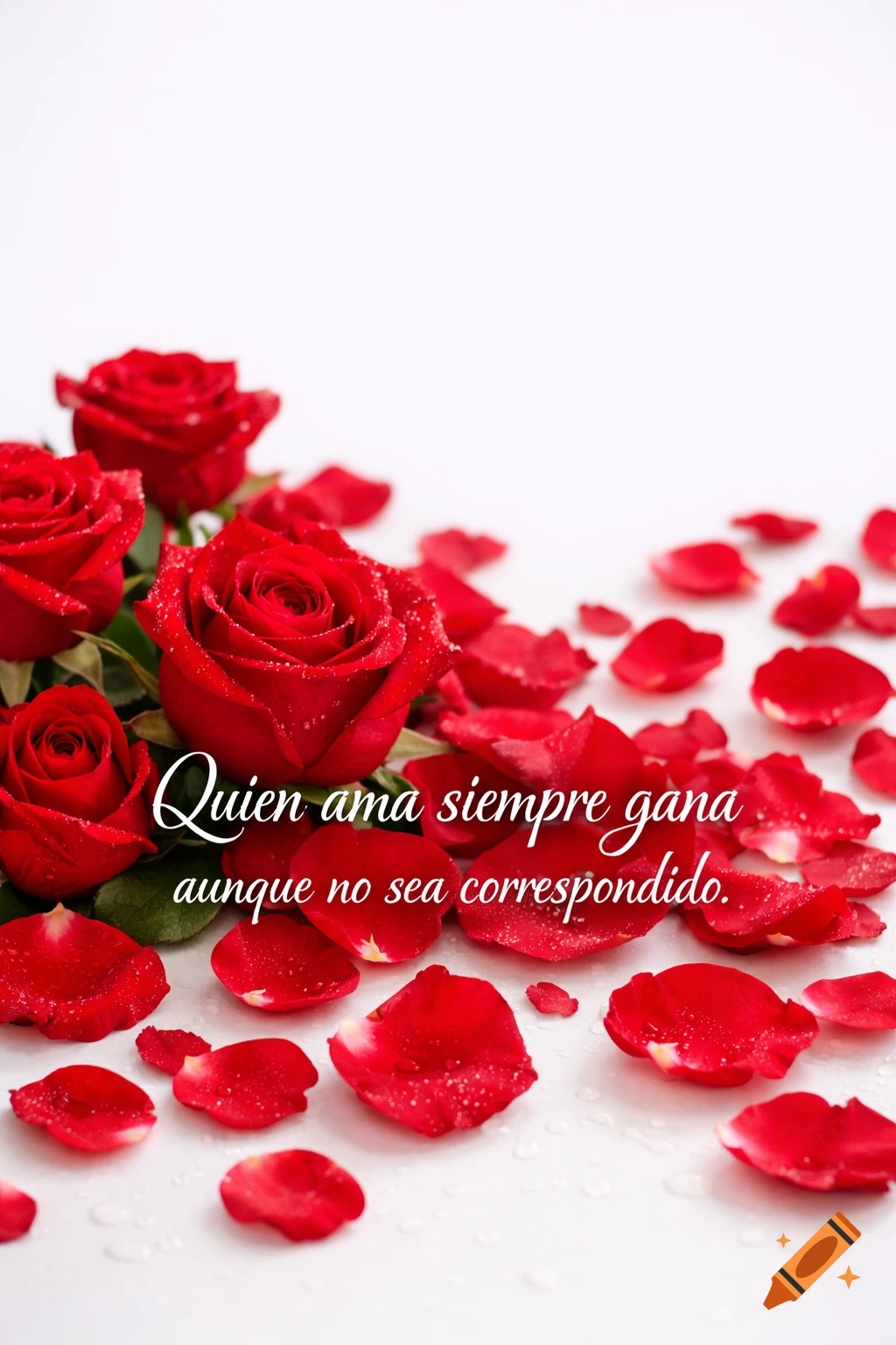 Vibrant red roses and scattered petals with water droplets on a white background, featuring the Spanish quote 'Quien ama siempre gana aunque no sea correspondido.' Photorealistic.