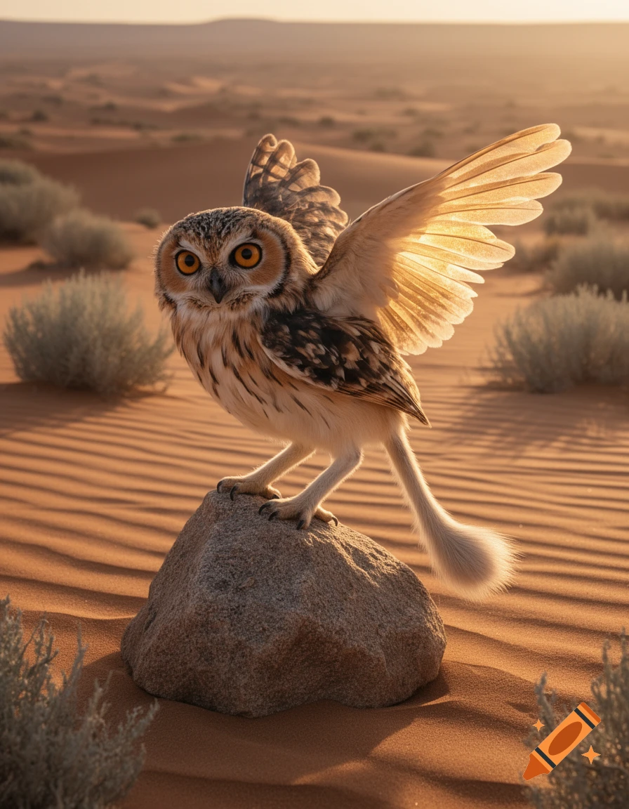 A fluffy, photorealistic hybrid owl-jerboa creature stands on a rock with spread wings in a golden desert.
