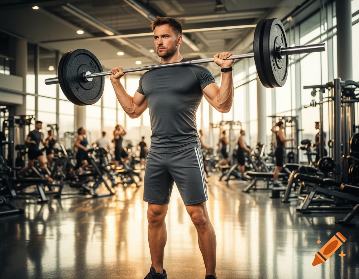 Muscular man performing squats with a barbell on his shoulders in a modern gym with other people working out.