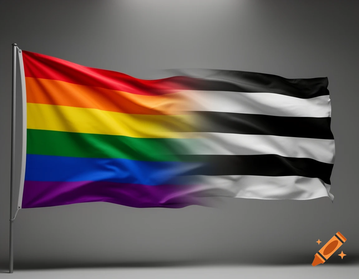 A rainbow pride flag on a flagpole transitions into a black and white striped flag against a gray background.