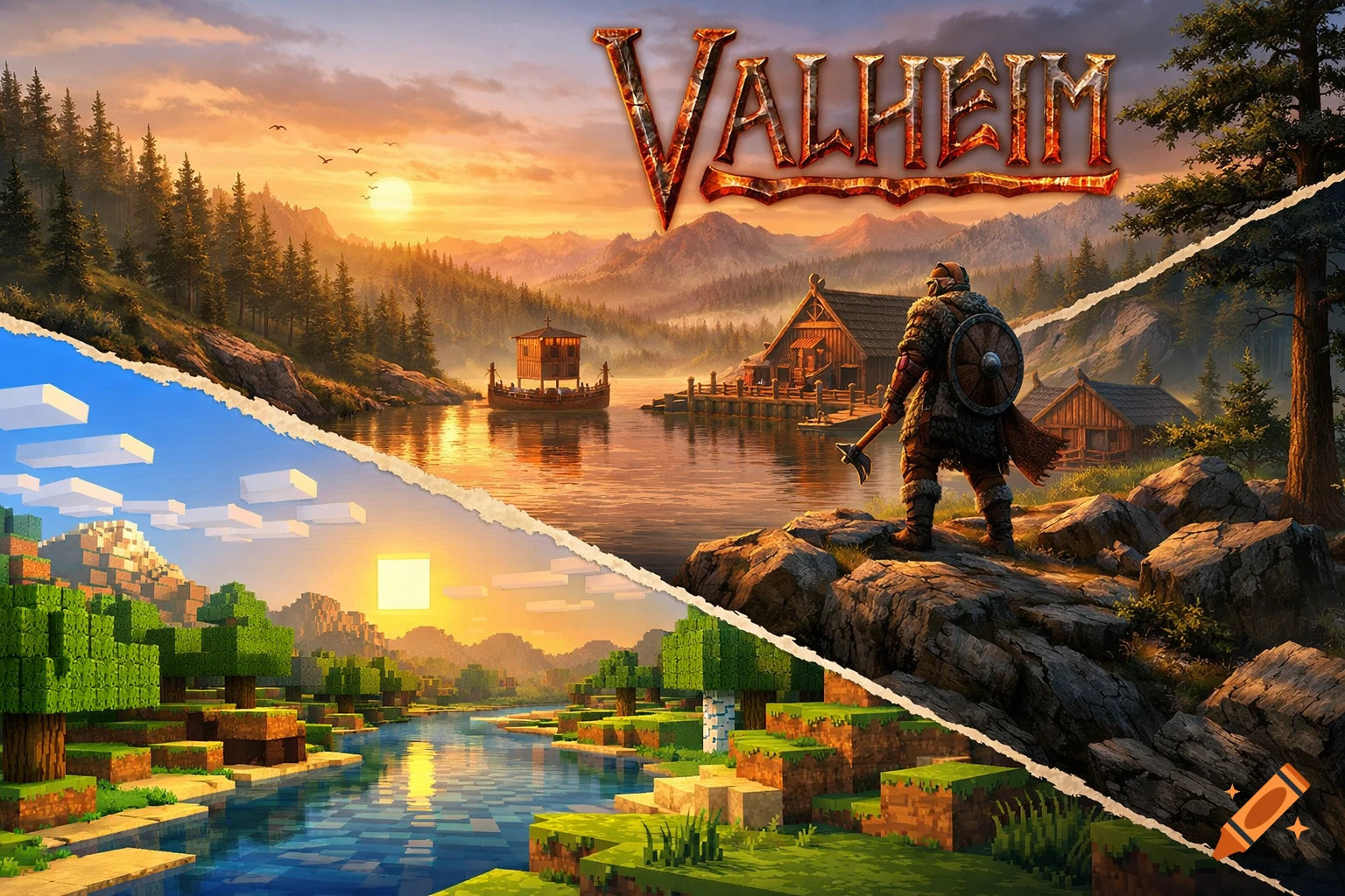 Diagonally split image: Top right, a detailed Valheim scene with a Viking and lake; bottom left, a pixelated Minecraft landscape.