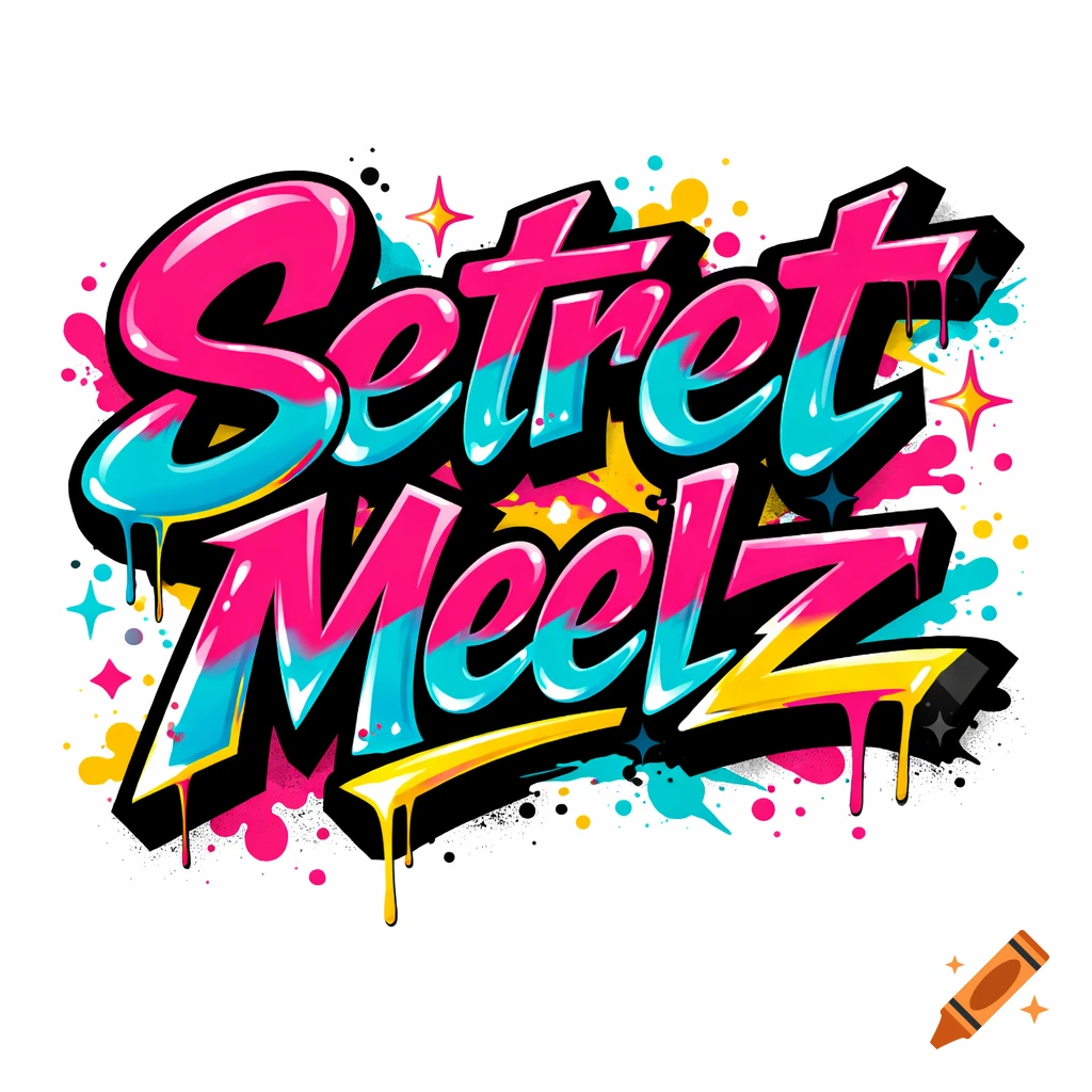 Vibrant 80s graffiti logo spelling "Setret Meelz" with pink, blue, and yellow drips and paint splatters.