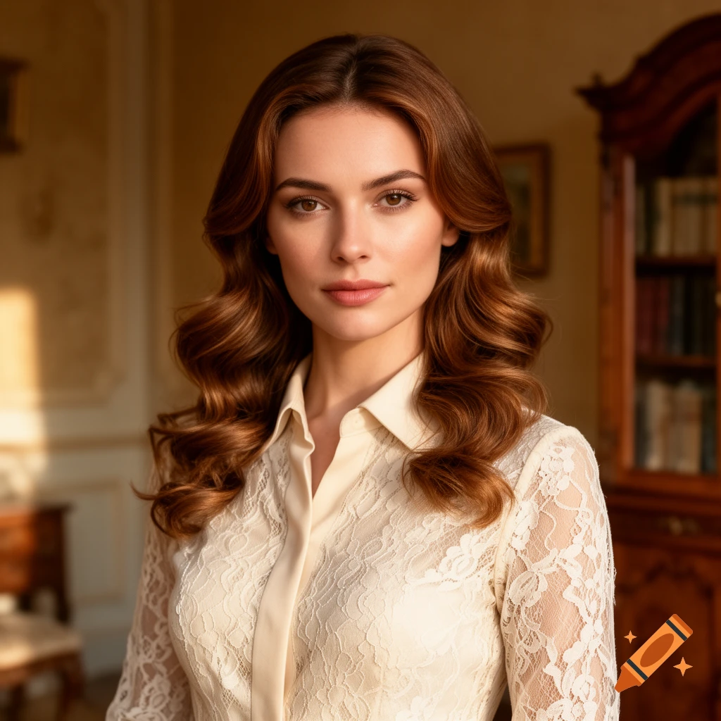 Photorealistic portrait of a woman with long wavy brown hair, wearing a ...