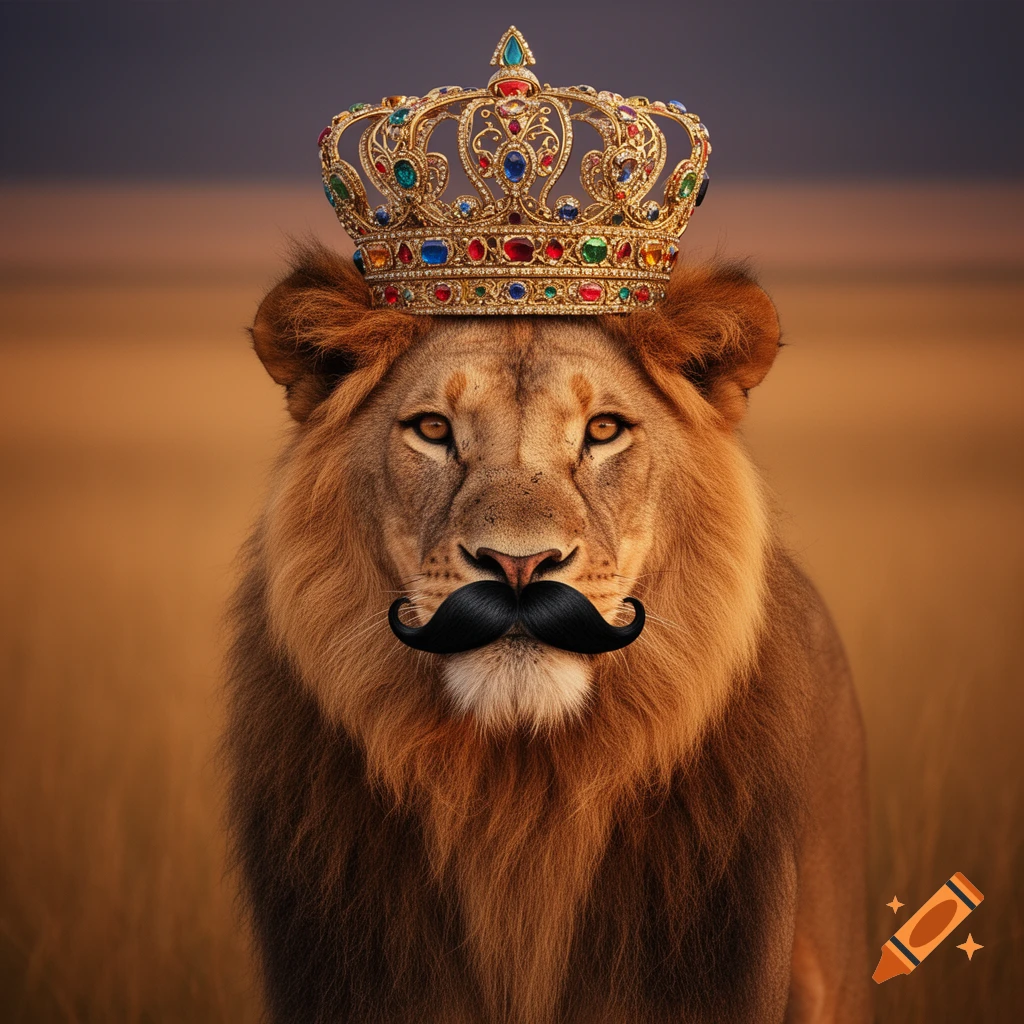 A majestic photorealistic lion, wearing a jeweled gold crown and a black handlebar mustache, gazes forward against a blurred golden savanna background.