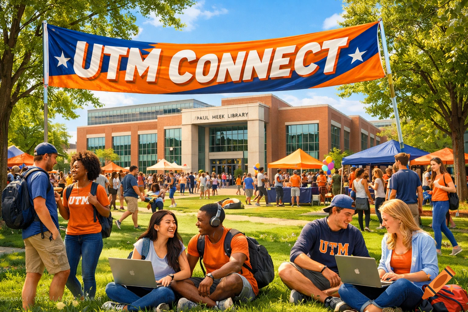 A lively university campus event with students interacting, some on laptops, under a large "UTM CONNECT" banner in front of the Paul Meek Library.