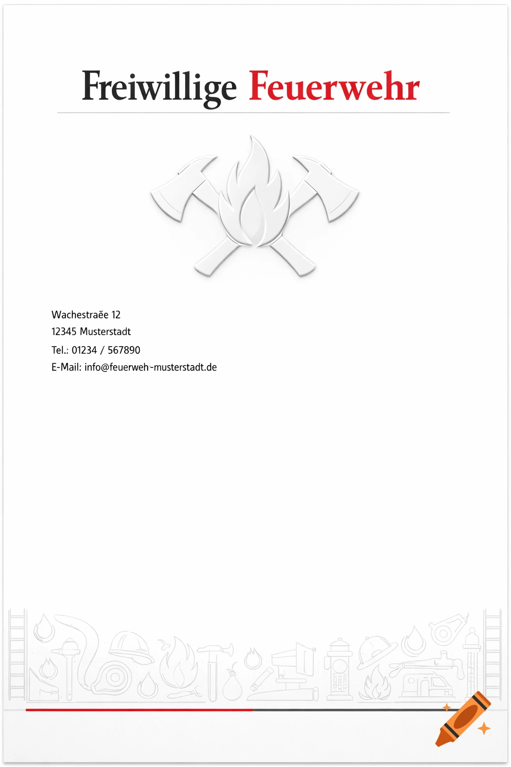 A white letterhead for a volunteer fire department with a logo of crossed axes and a flame, contact information, and a border of fire-related icons.