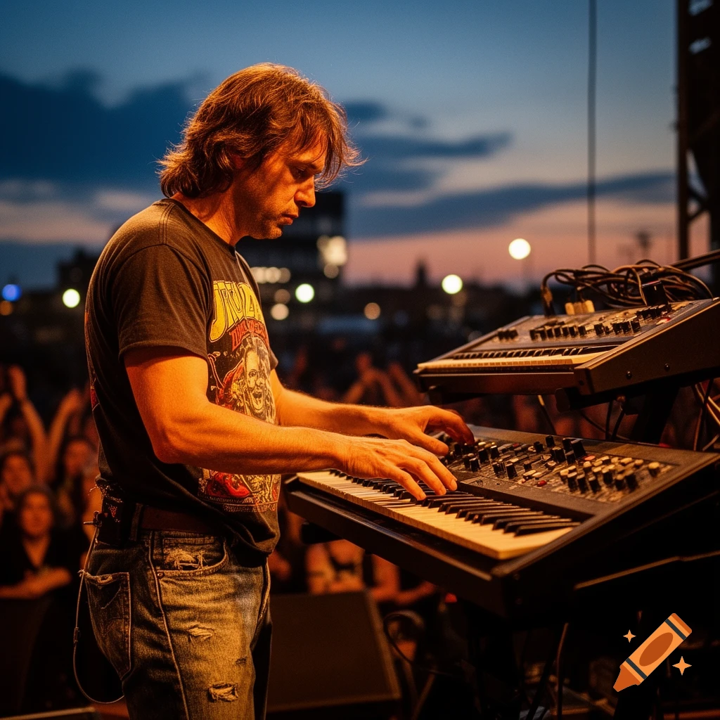 A man with long hair plays a keyboard on an outdoor stage at dusk, wearing a dark t-shirt and jeans. Photorealistic.