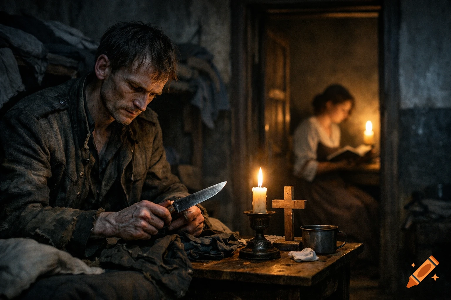 A cinematic image of a weary man in worn clothes holding a knife by candlelight, with a woman reading a bible in a blurred background.