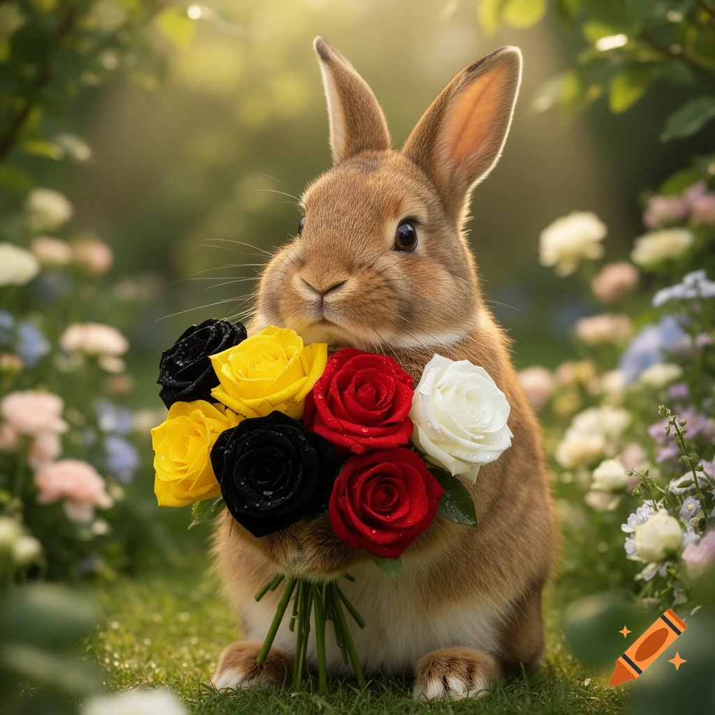 Grumpy Bunny With Roses A photorealistic brown bunny holds a bouquet of yellow, black, red, and ...