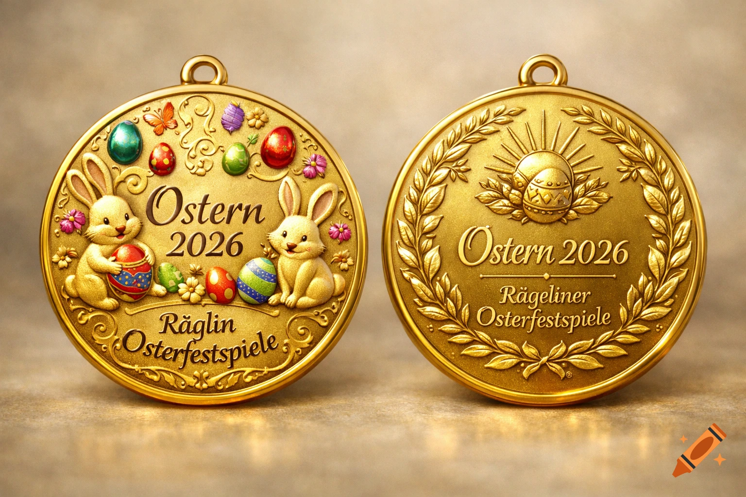 Two golden Easter medals on a blurred background. The left medal is playful with bunnies and colorful eggs. The right medal is elegant with a laurel wreath and an ornate Easter egg design. Both feature the text "Ostern 2026" and "Räglin Osterfestspiele" or "Rägeliner Osterfestspiele."