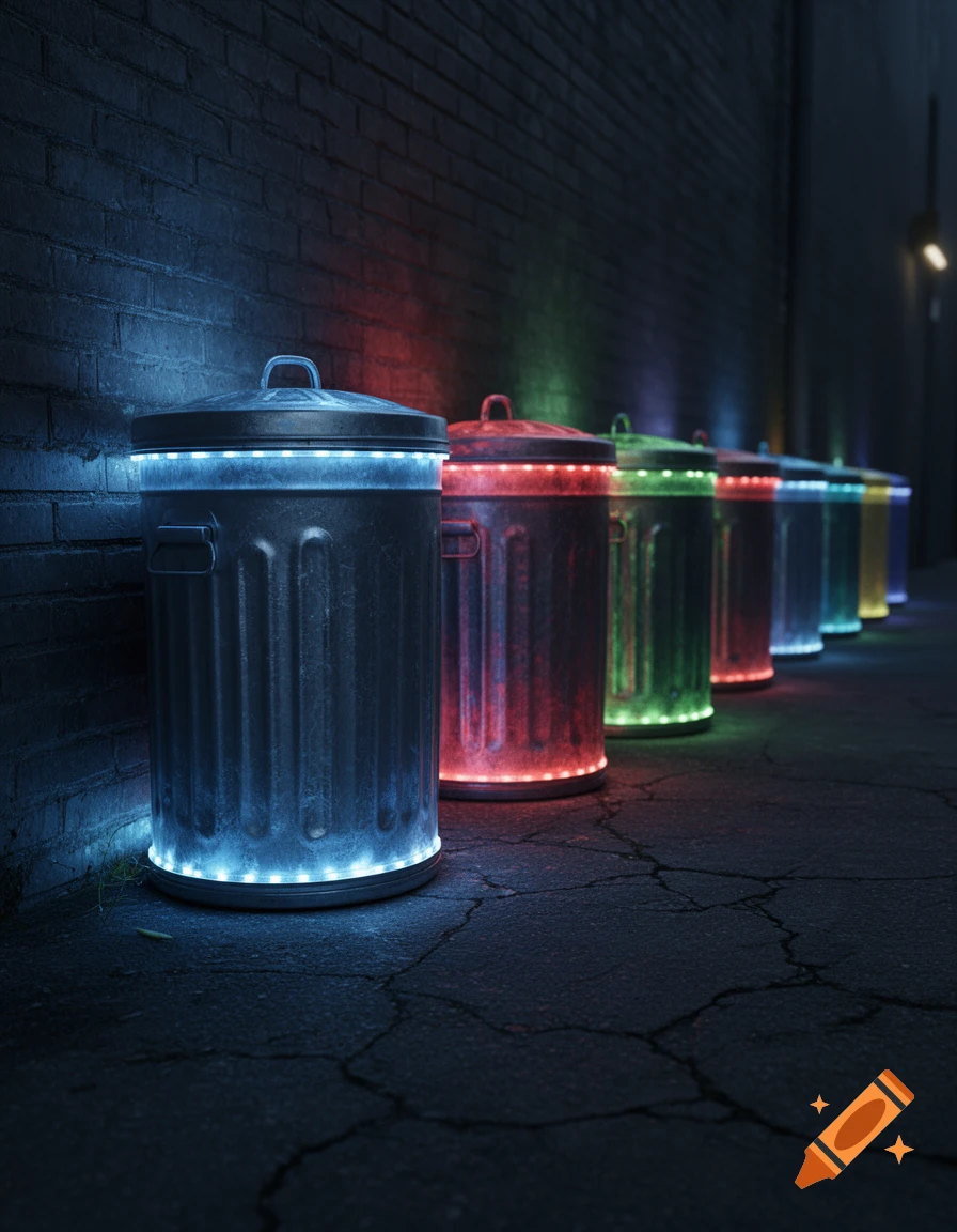 Row of metal trash cans in a dark alley, each illuminated with vibrant blue, red, green, and yellow LED lights.