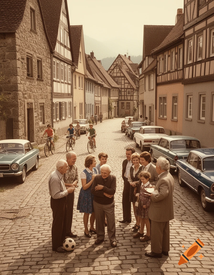 A sepia-toned street scene in a 1960s German village with half-timbered houses, parked cars, cyclists, and a group of people conversing around a soccer ball.