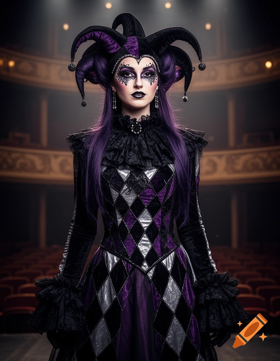 A woman in a gothic jester costume with purple and black harlequin patterns, dramatic makeup, and purple hair stands in a theater.