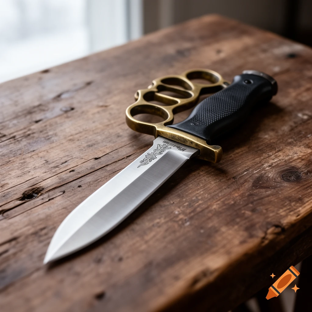 A close-up, photorealistic image of a tactical trench knife with a brass knuckle handle resting on a rustic wooden surface.