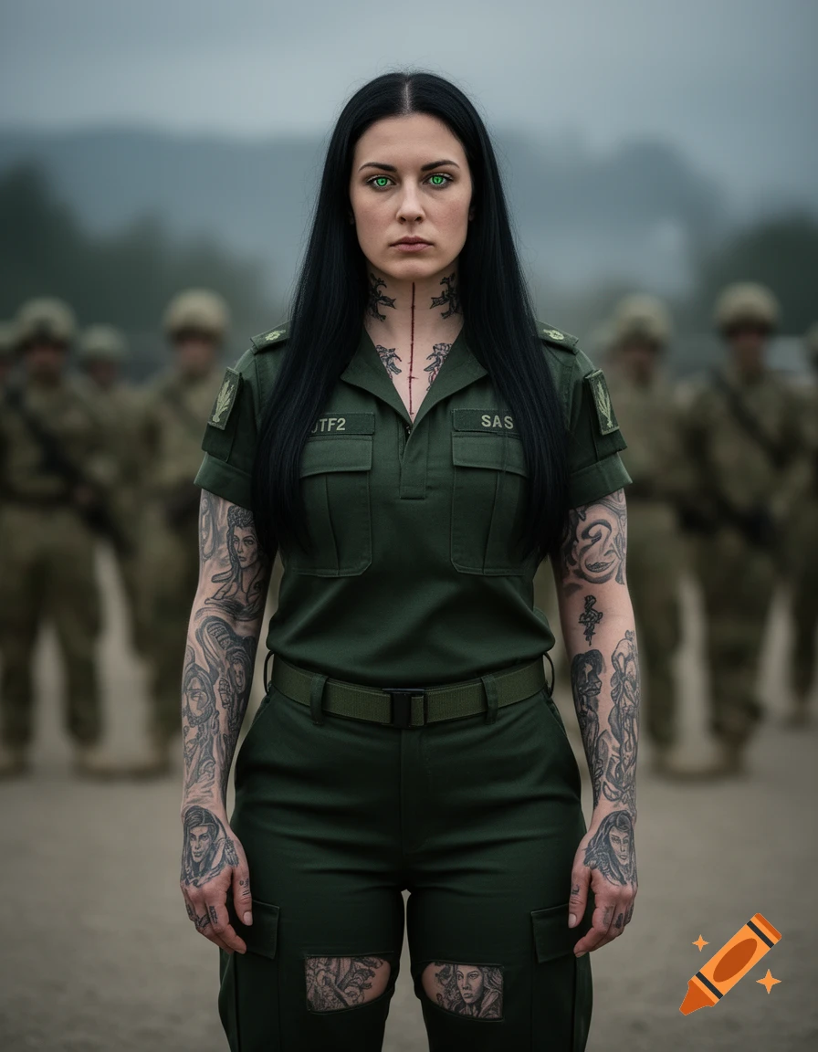 A serious woman with long black hair, green eyes, and extensive tattoos wears a dark green military uniform, standing at attention outdoors.
