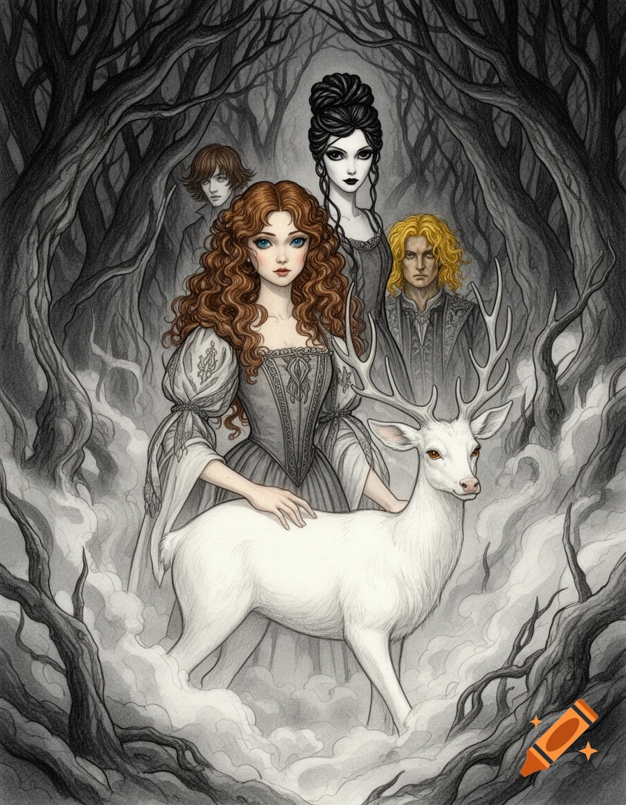 Pencil and watercolor illustration of a young woman with curly red hair, her hand on a white deer, in a dark, misty forest with three other figures.