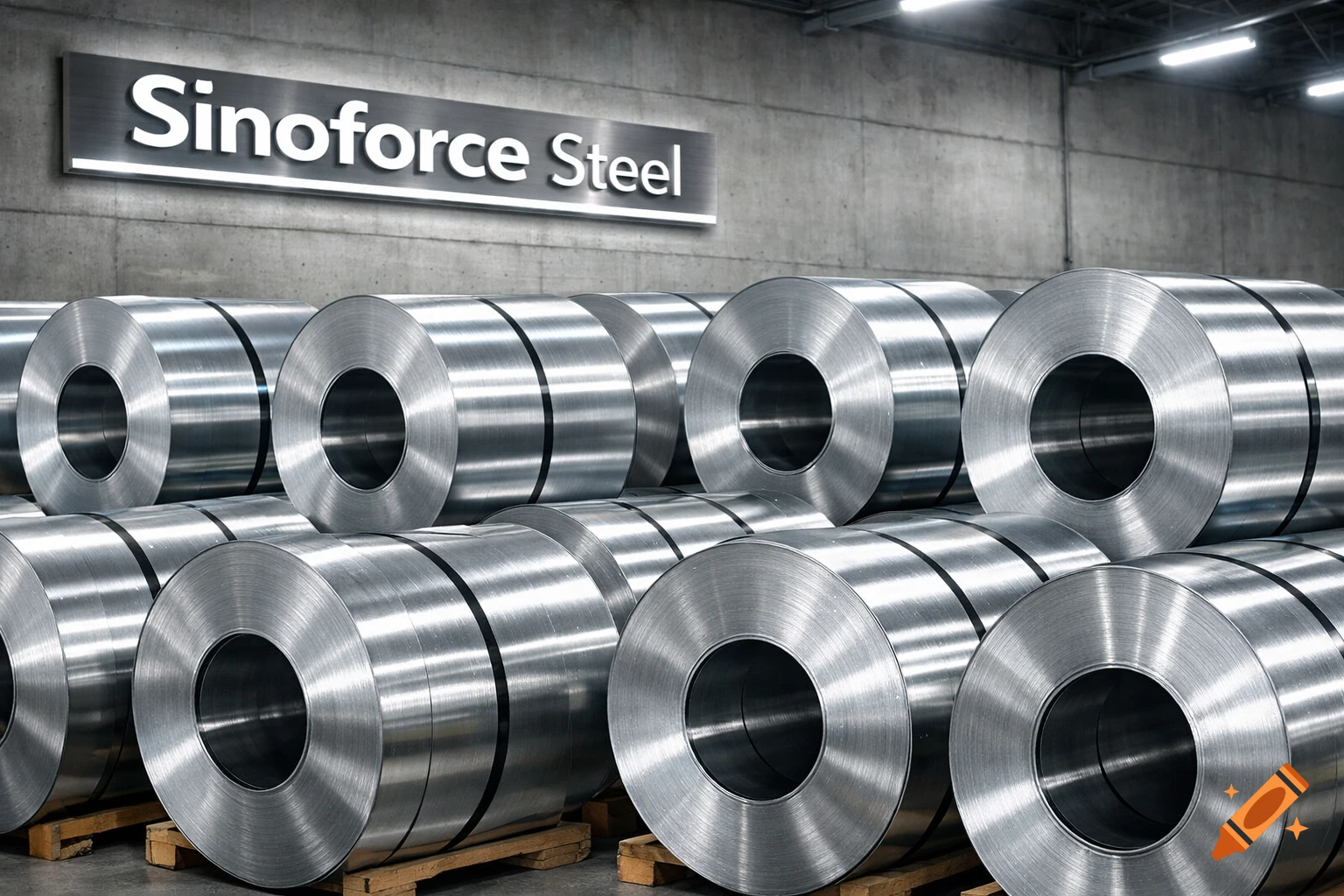 Photorealistic image of shiny galvanized steel coils stacked in a warehouse under a 'Sinoforce Steel' sign.