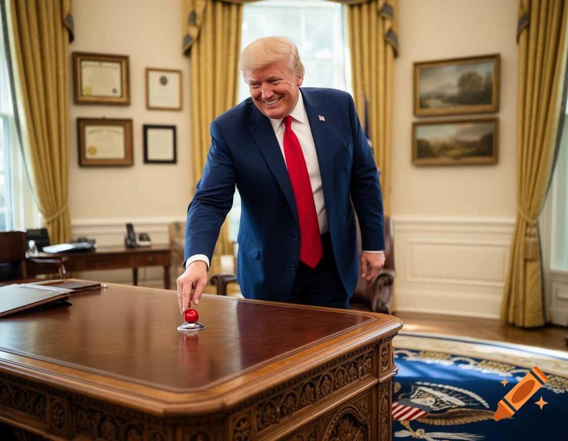 Donald Trump smiles happily while pressing a red button on a large wooden desk in what appears to be the Oval Office.