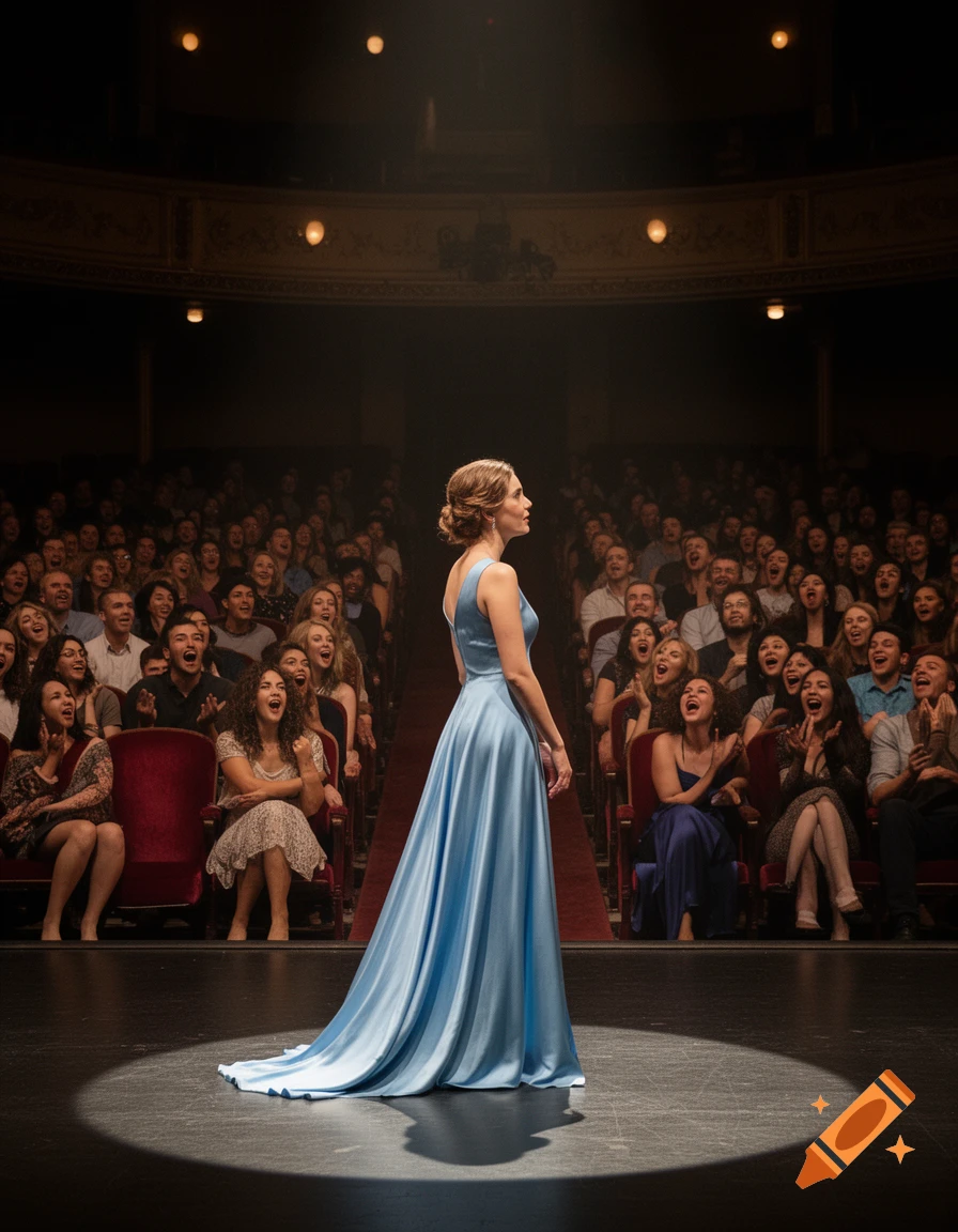 A woman in a flowing blue gown stands under a spotlight on a dark stage, facing a large, enthusiastic theater audience.