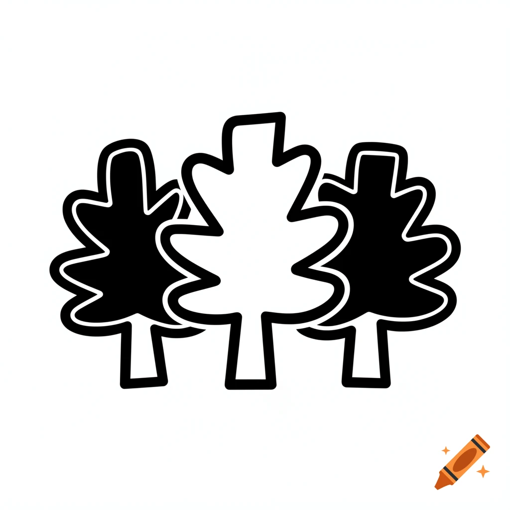 Minimalist black and white pictogram of three stylized trees with bold outlines.