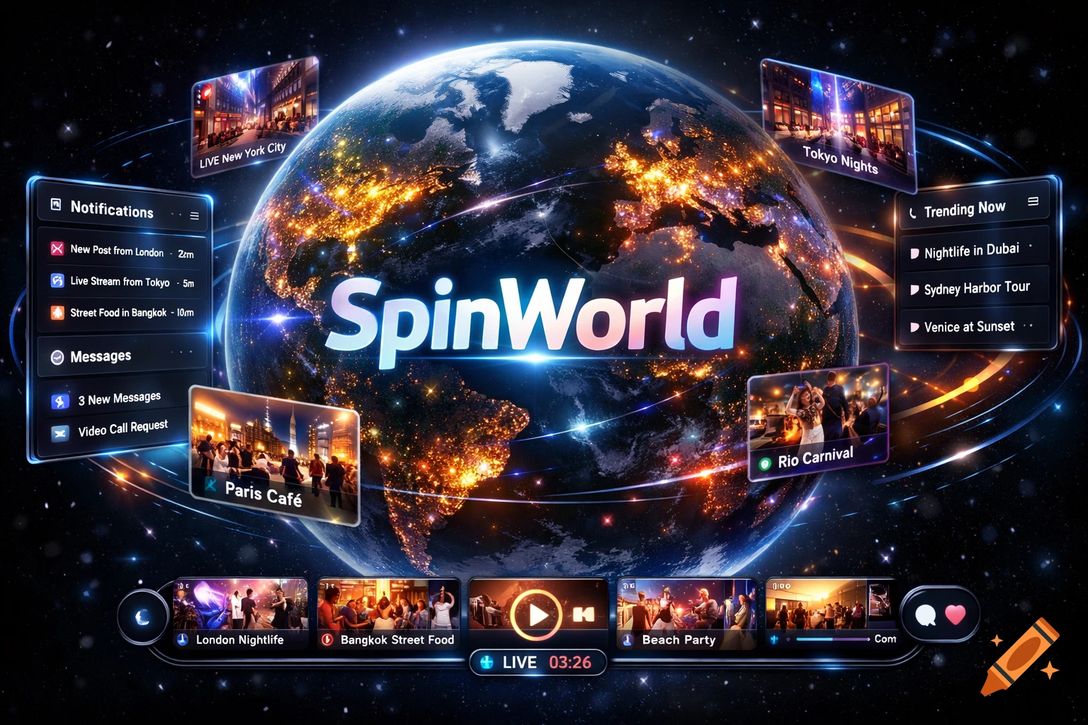 A glowing 3D globe in space with a futuristic 'SpinWorld' app UI overlay showing notifications, trending topics, and live stream previews from various cities worldwide.
