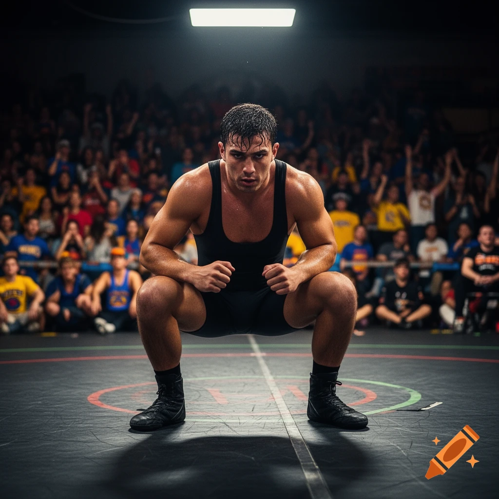 A muscular male wrestler in a black singlet crouches intently on a wrestling mat. A blurred crowd is in the background.